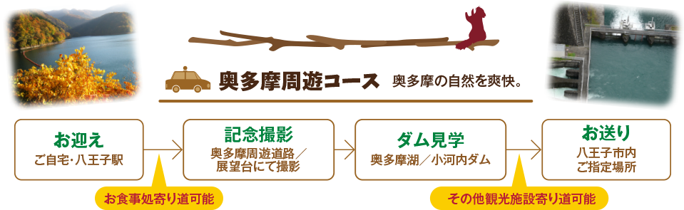 モデルプラン(4時間まで) 奥多摩周遊コース　奥多摩の自然を爽快。　お迎え ご自宅・八王子→記念撮影 奥多摩周遊道路／展望台にて撮影→ダム見学 奥多摩湖／小河内→お送り 八王子市内ご指定場所